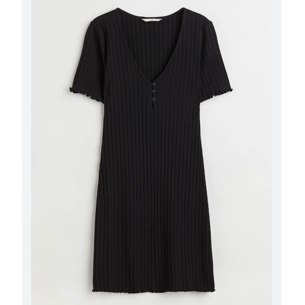 H&M Black Ribbed Button Front V Neck Lettuce Hem Mini Dress Bodycon Medium